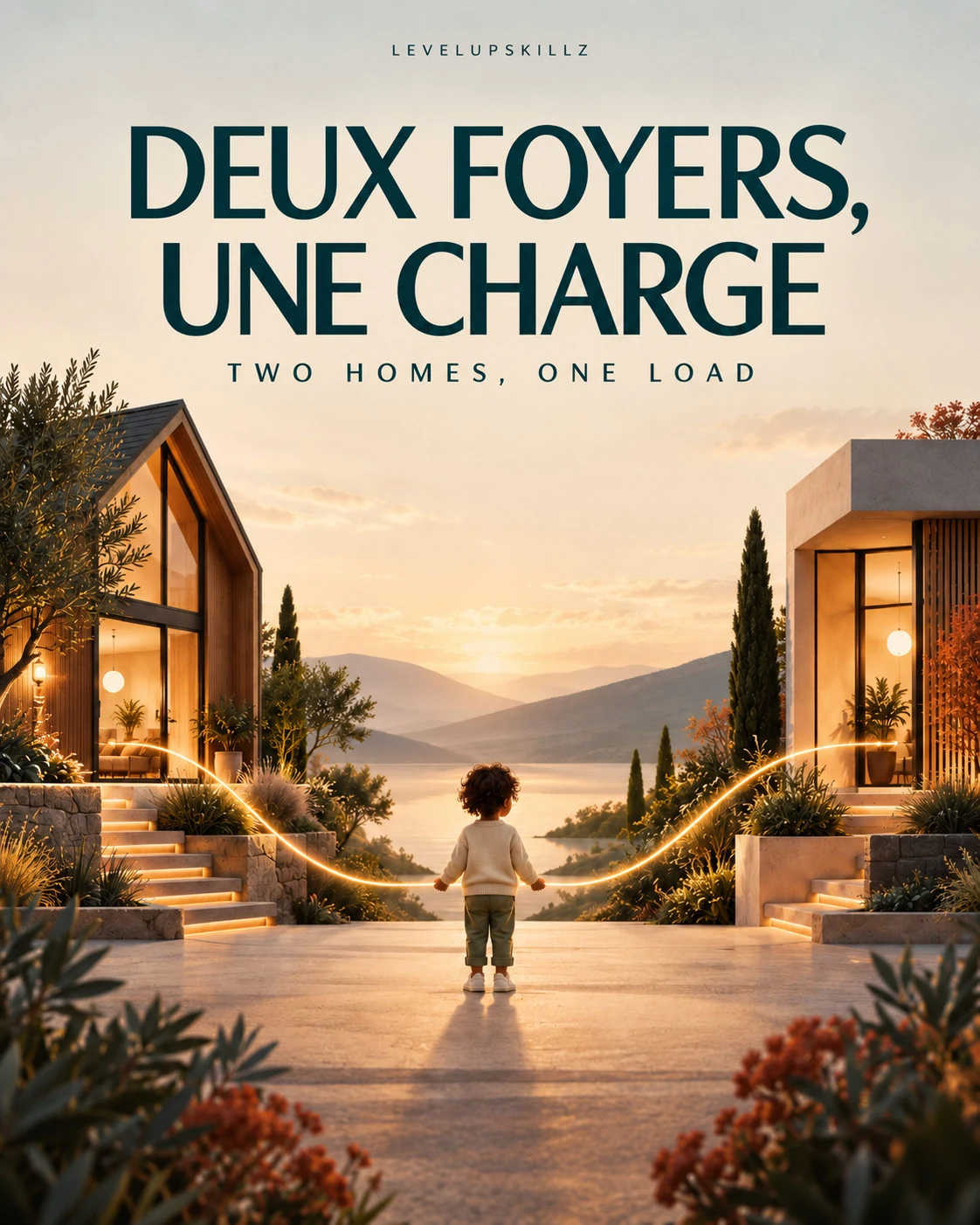 Couverture premium Deux foyers, une charge montrant un enfant entre deux foyers chaleureux
